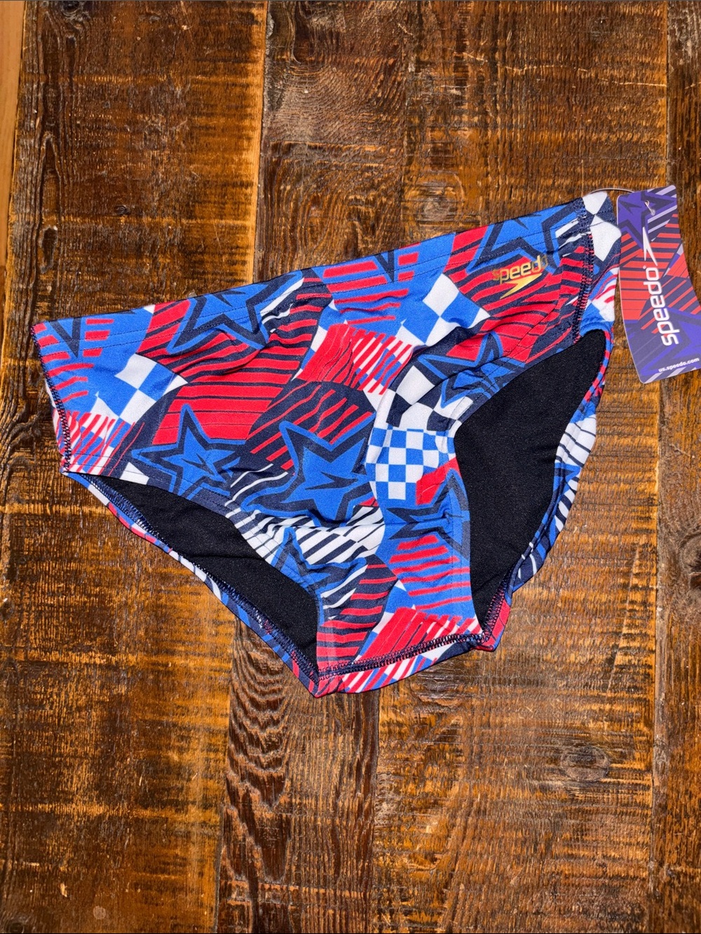 Speedo Red, Blue & White Men’s Swim Briefs - Star & Check Pattern - Picture 1 of 3
